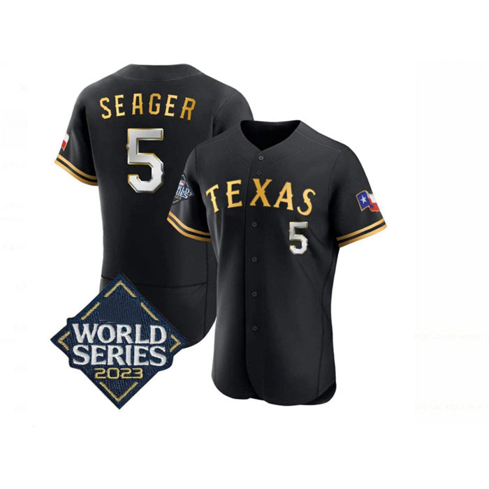 TRASK Texas Rangers #5 Corey Seager Black Gold  2023 World Series Flex Base Stitched Jersey