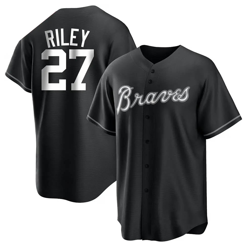 TRASK A.Braves #27 Austin Riley Player Black&White Replica Stitched Jerseys