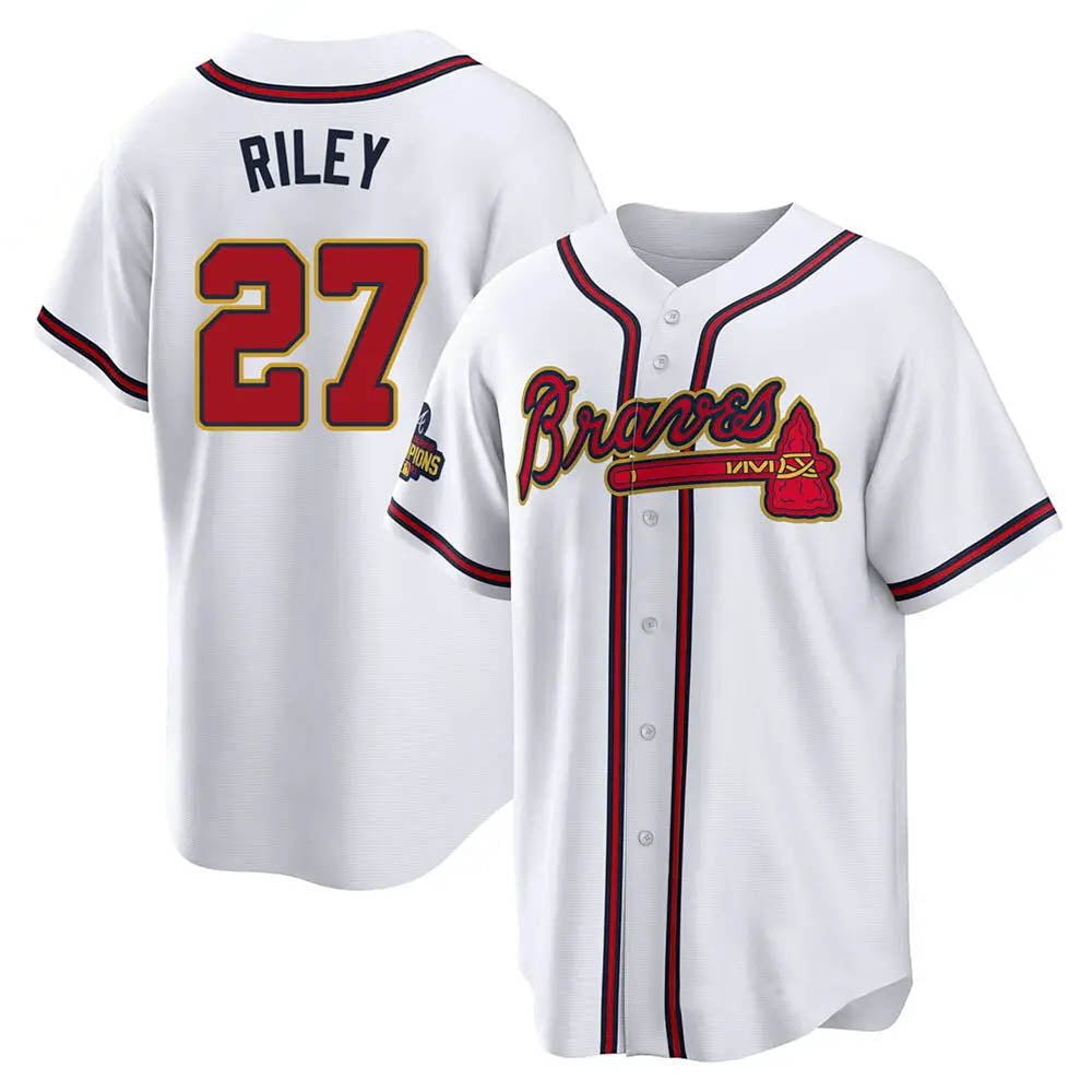 TRASK A.Braves #27 Austin Riley Player White&Gold Replica Program Stitched Jerseys