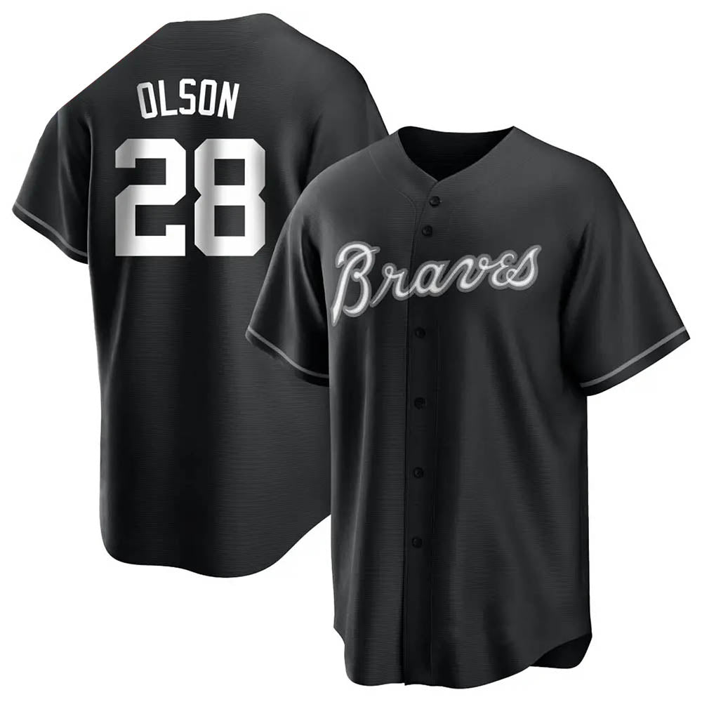 TRASK A.Braves #28 Matt Olson Player Black&White Replica Stitched Jerseys