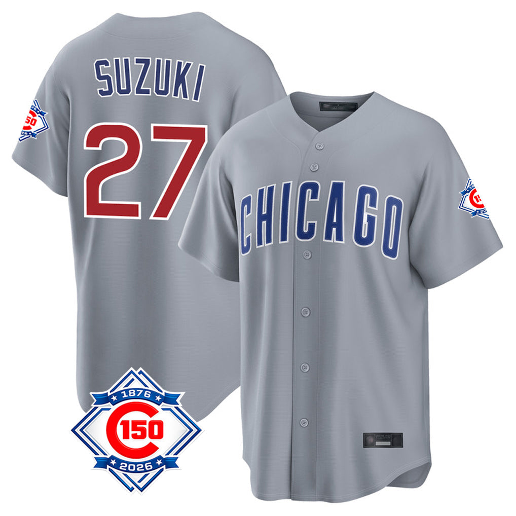 TRASK C.Cubs #27 Seiya Suzuki Player Gray 150th Anniversary Home Game Stitched Jerseys