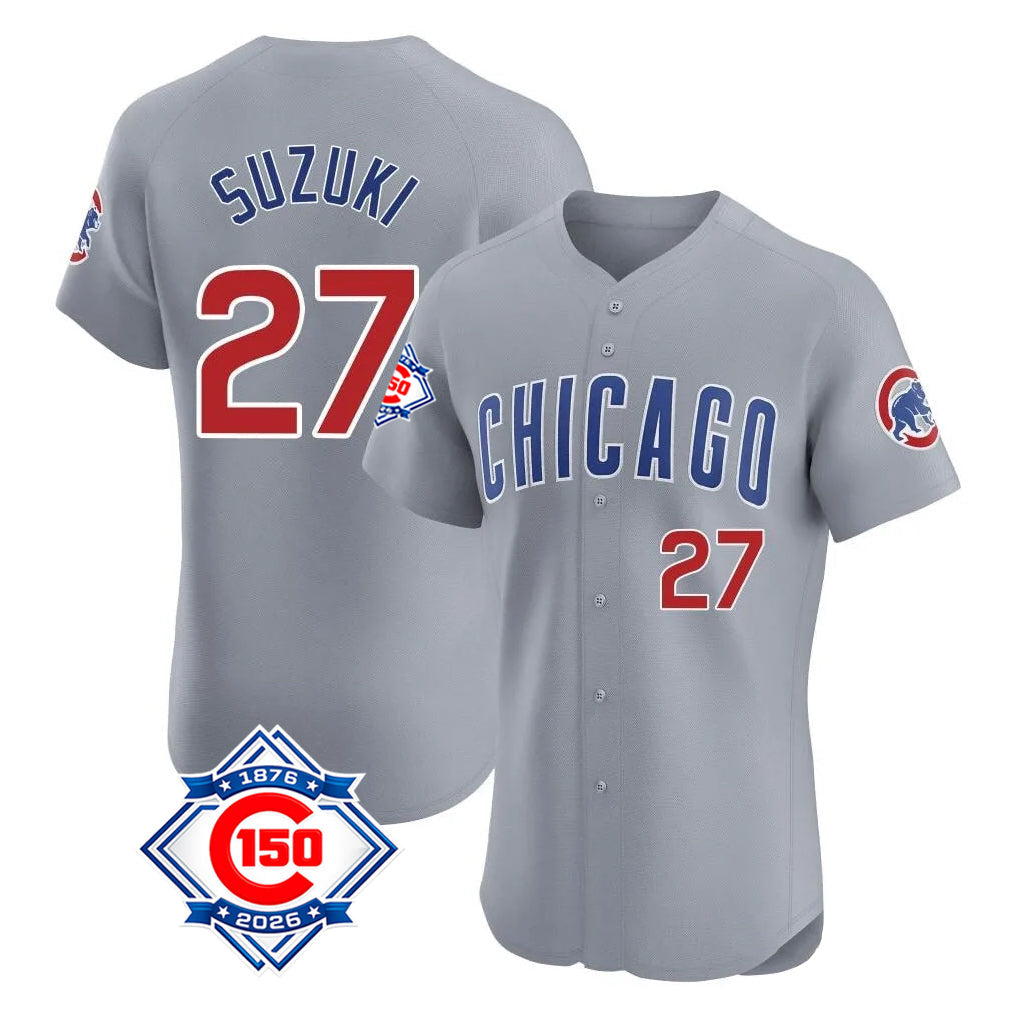 TRASK C.Cubs #27 Seiya Suzuki Player Gray Road 150th Anniversary Limited Elite Home Stitched Jerseys