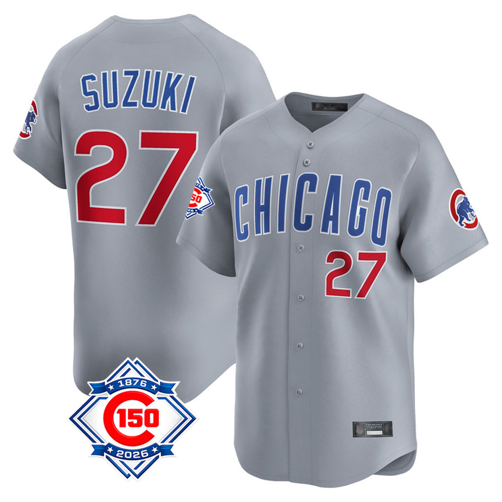 TRASK C.Cubs #27 Seiya Suzuki Player Gray Road 150th Anniversary Limited Home Stitched Jerseys