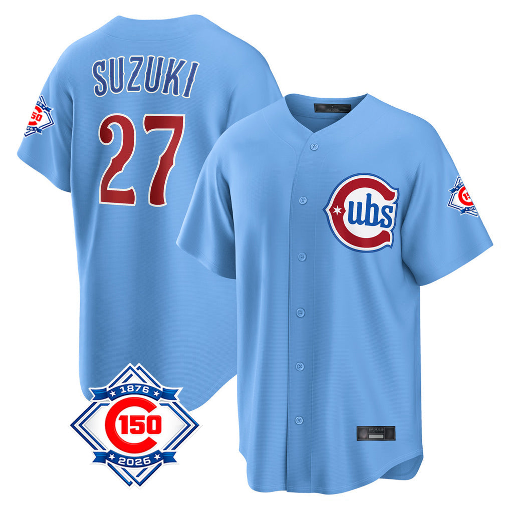 TRASK C.Cubs #27 Seiya Suzuki Player Light Blue 150th Anniversary Home Game Stitched Jerseys