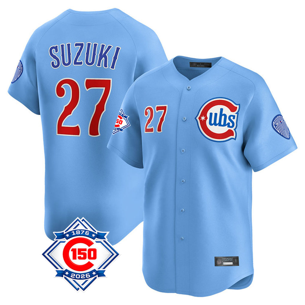 TRASK C.Cubs #27 Seiya Suzuki Player Light Blue 150th Anniversary Limited Home Stitched Jerseys