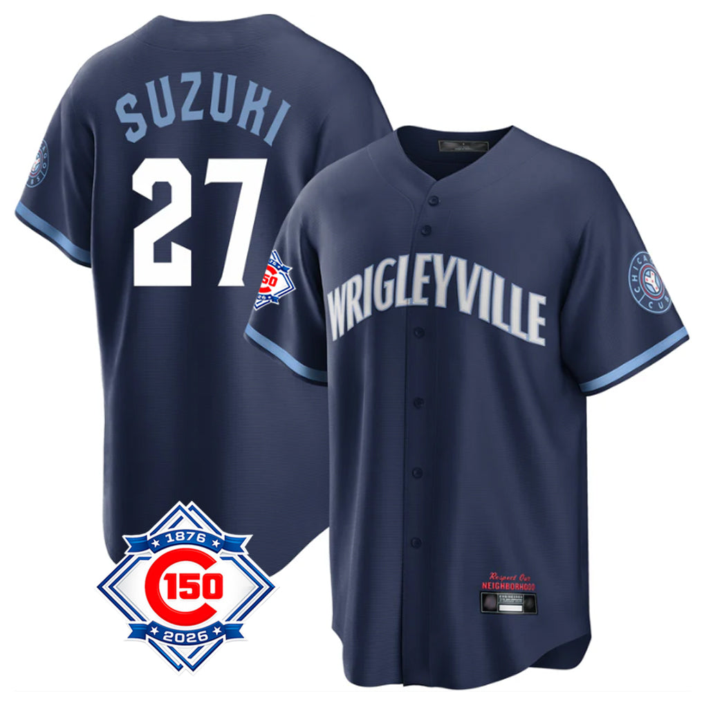 TRASK C.Cubs #27 Seiya Suzuki Player Navy 150th Anniversary City Connect Home Game Stitched Jerseys