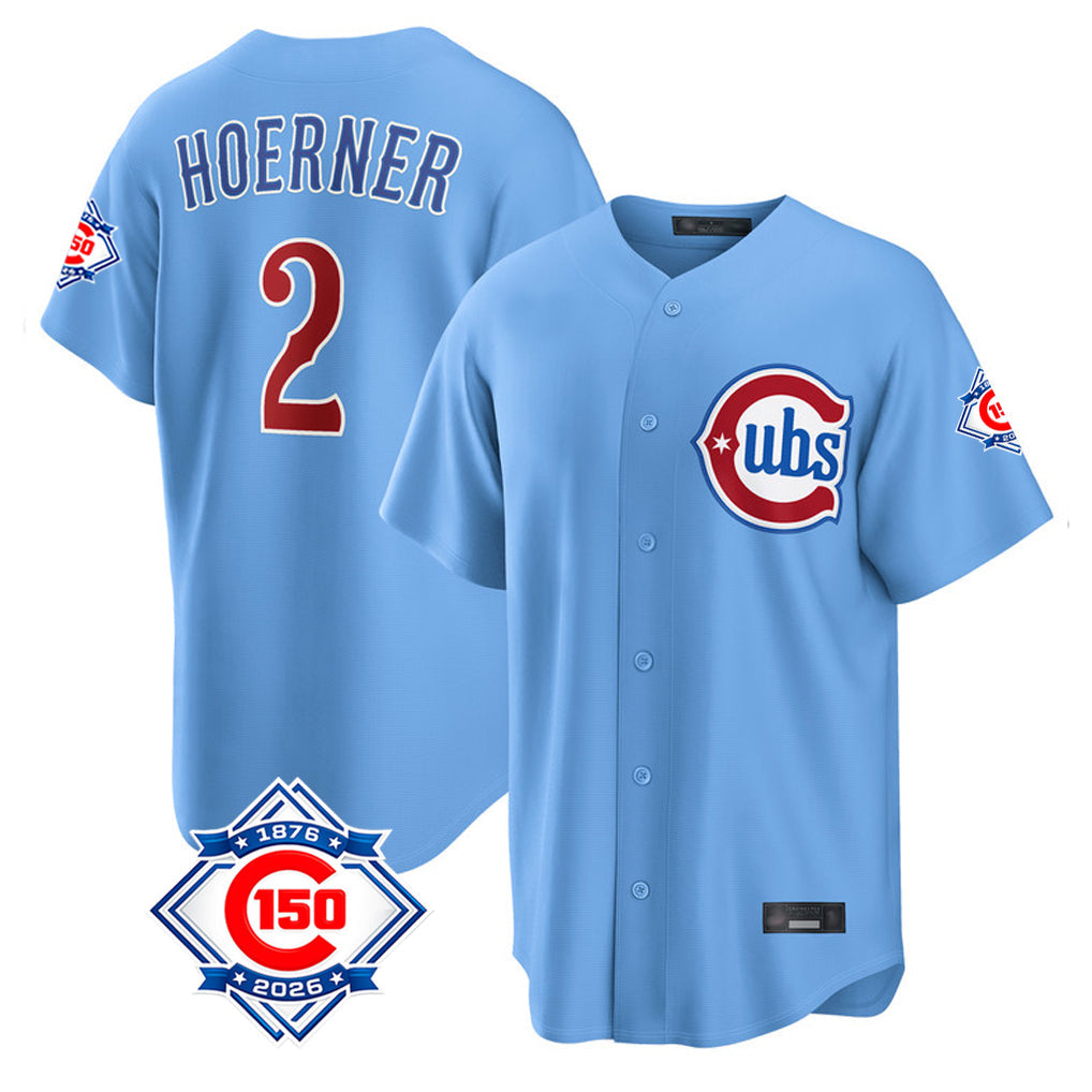 TRASK C.Cubs #2 Nico Hoerner Player Light Blue 150th Anniversary Home Game Stitched Jerseys