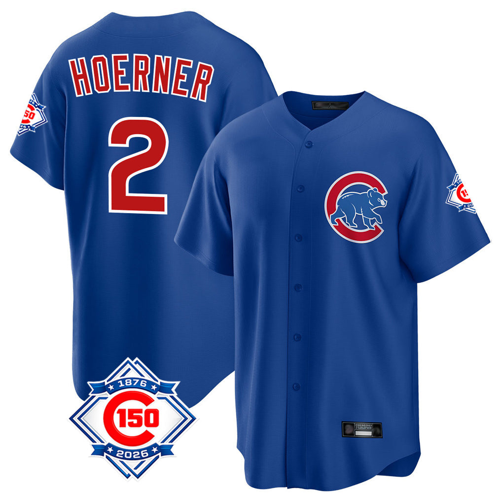 TRASK C.Cubs #2 Nico Hoerner Player Royal 150th Anniversary Home Game Stitched Jerseys