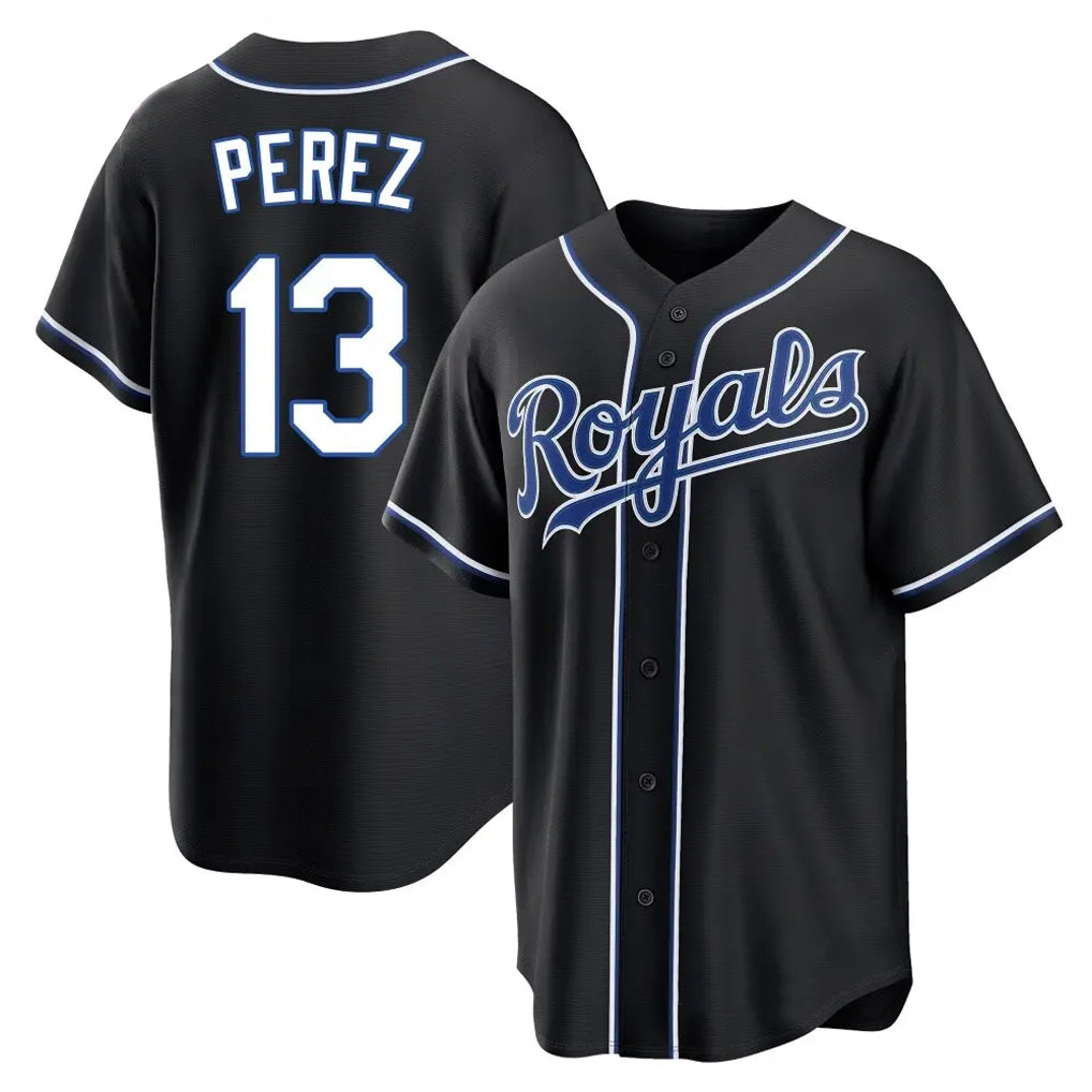 TRASK KC.Royals #13 Salvador Perez Player Black Carbon Fashion Home Game Stitched Jerseys