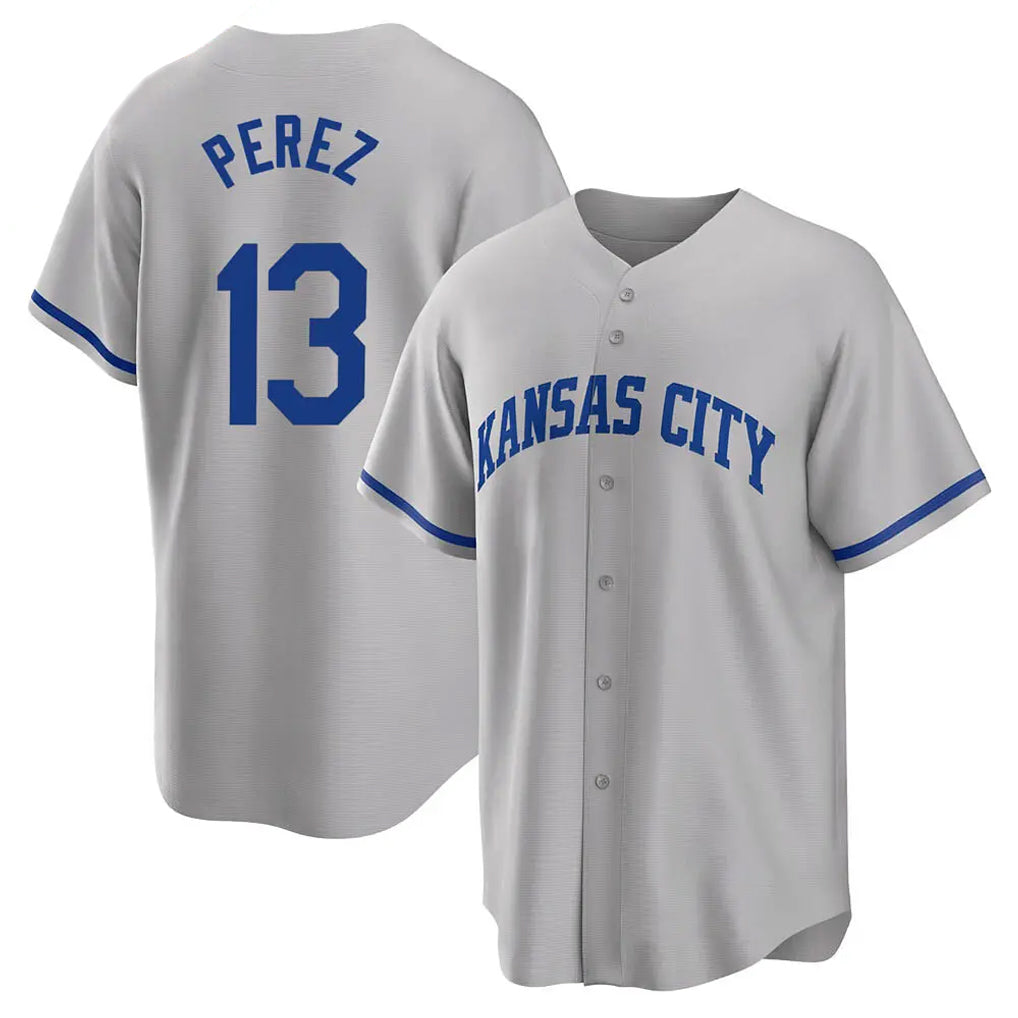TRASK KC.Royals #13 Salvador Perez Player Gray Game Home Stitched Jerseys