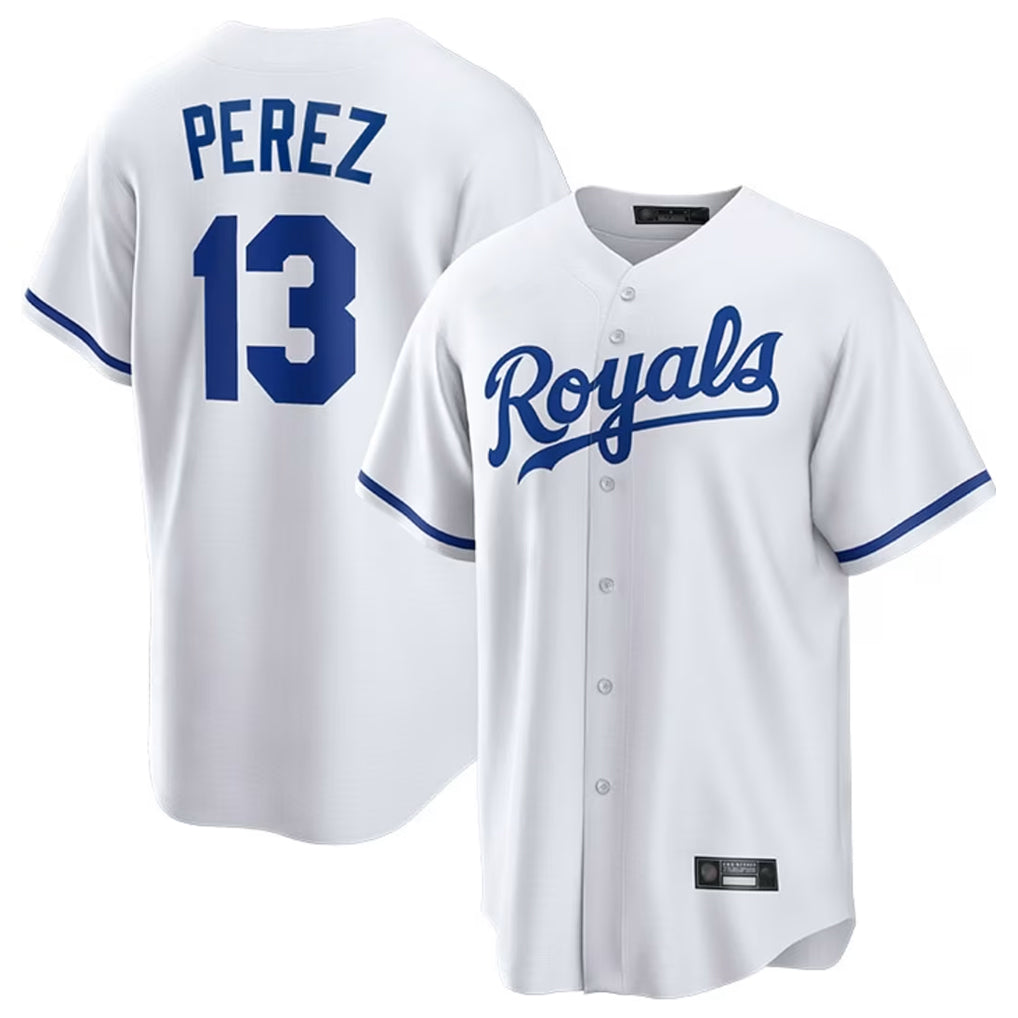 TRASK KC.Royals #13 Salvador Perez Player White Home Game Stitched Jerseys