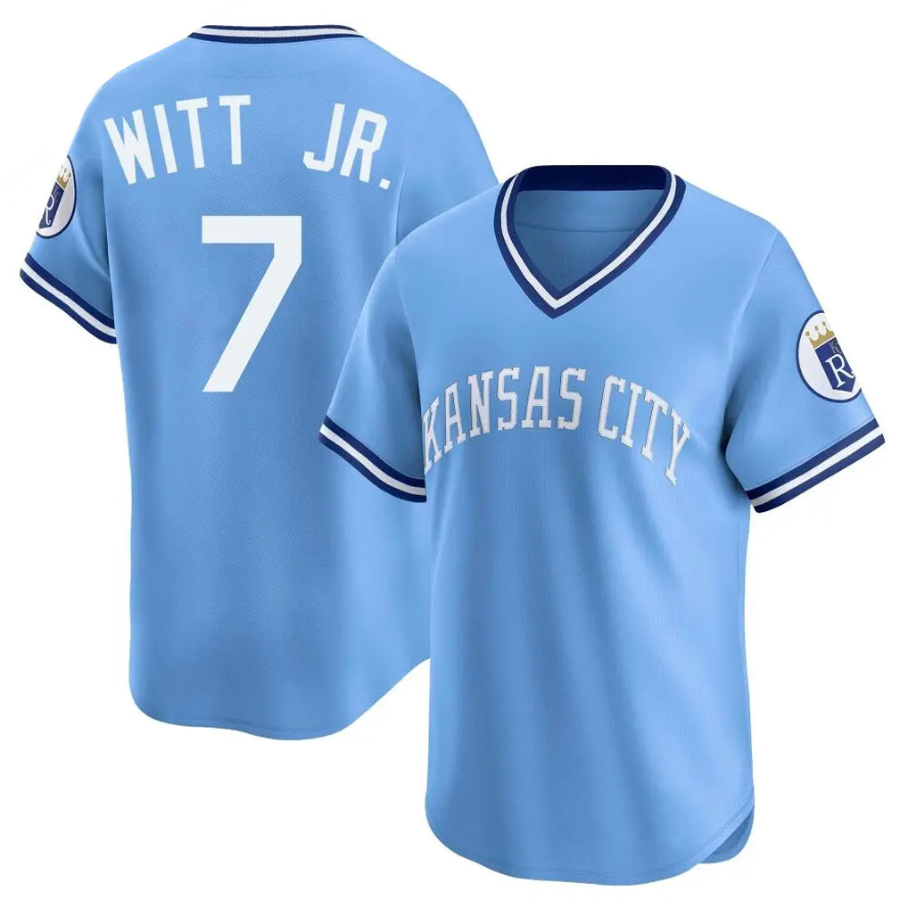 TRASK KC.Royals #7 Bobby Witt Jr. Player Light Blue Limited Throwback Cooperstown Collection T-shirt Stitched Jerseys