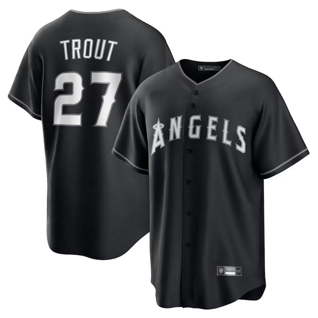 TRASK LA.Angels #27 Mike Trout Player Black Lights Out Fashion T-shirt Stitched Jerseys