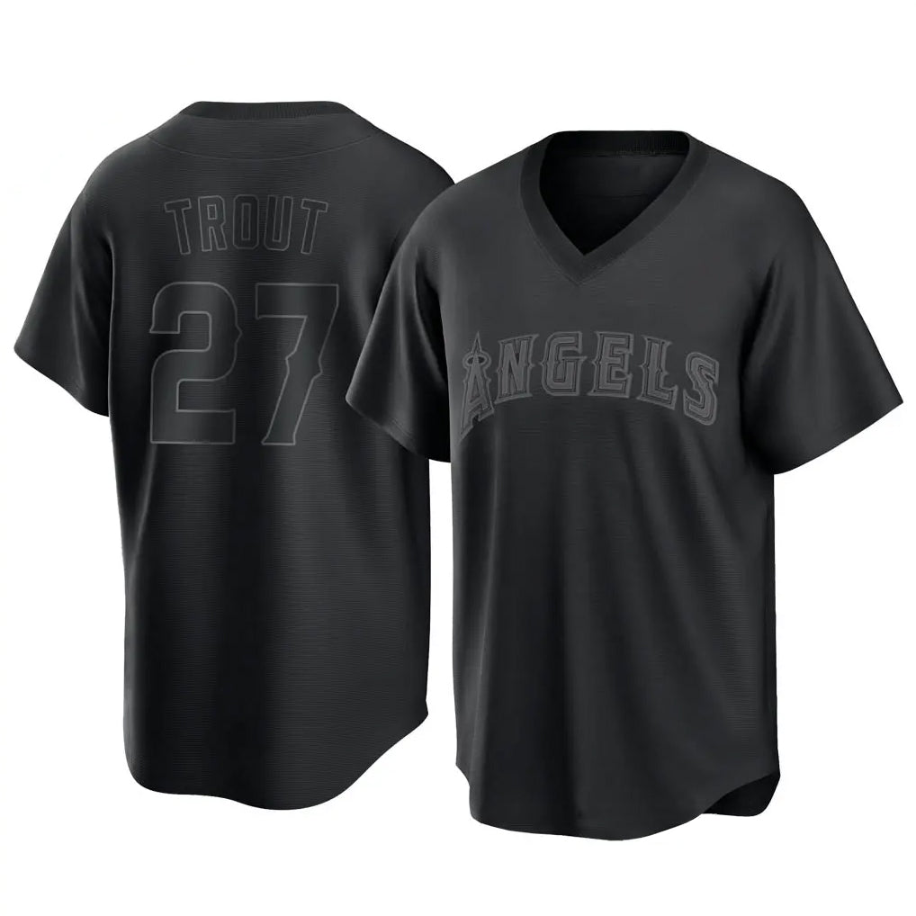 TRASK LA.Angels #27 Mike Trout Player Black Pitch Fashion T-shirt Stitched Jerseys