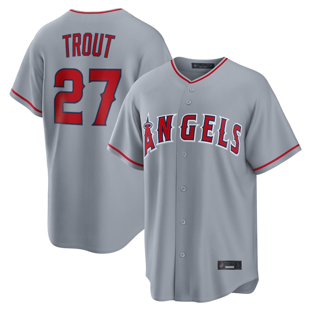 TRASK LA.Angels #27 Mike Trout Player Gray Home Game Stitched Jerseys