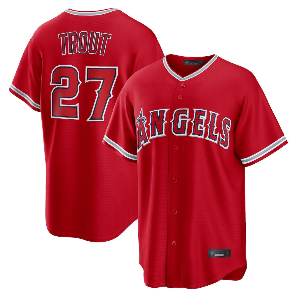 TRASK LA.Angels #27 Mike Trout Player Red Home Game Stitched Jerseys