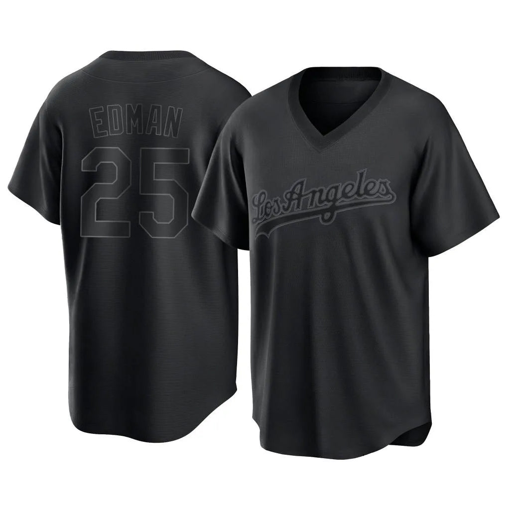 TRASK LA.Dodgers #25 Tommy Edman Player Black Pitch Fashion T-shirt Stitched Jerseys