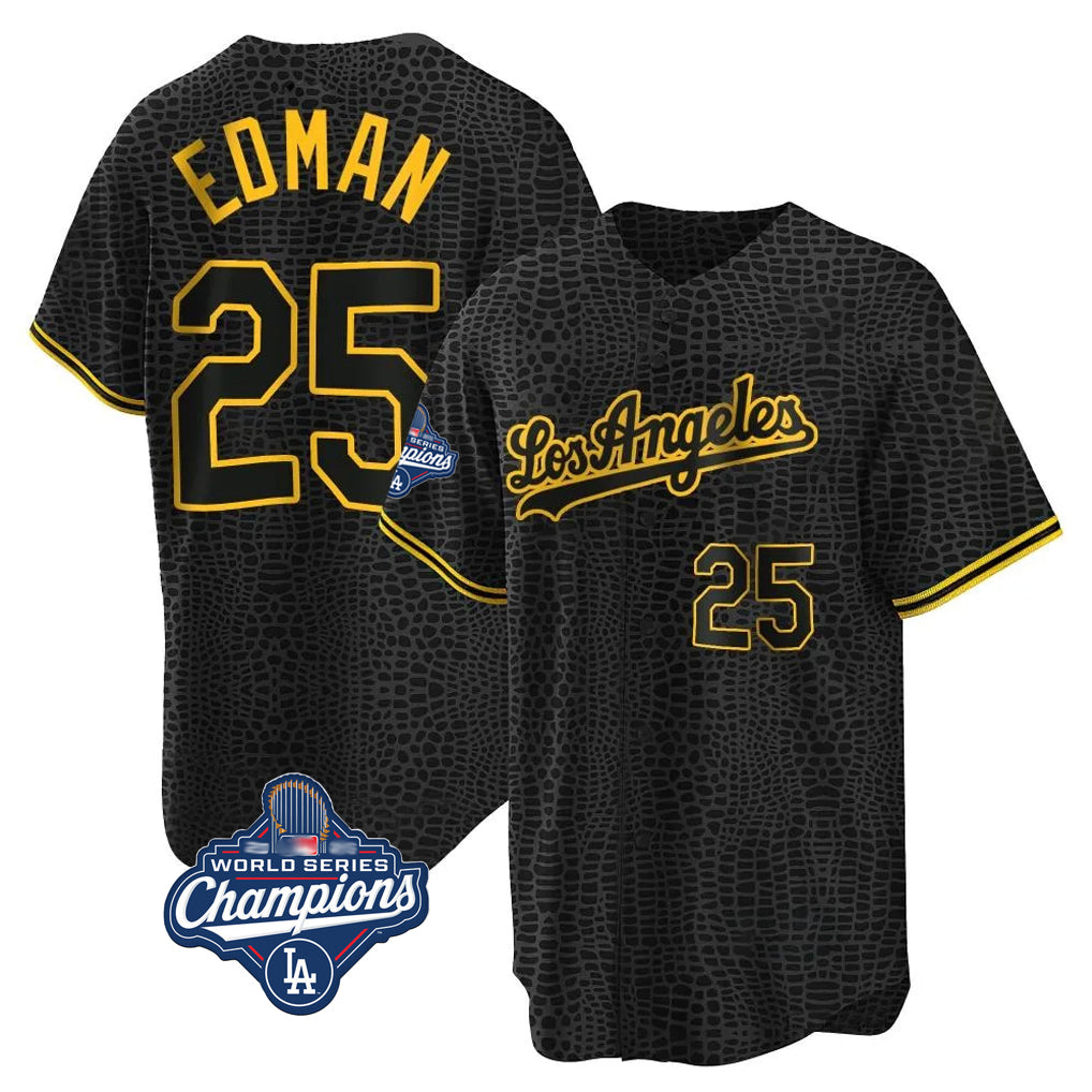 TRASK LA.Dodgers #25 Tommy Edman Player Black World Series Meet Snake Skin City Game Home Stitched Jerseys