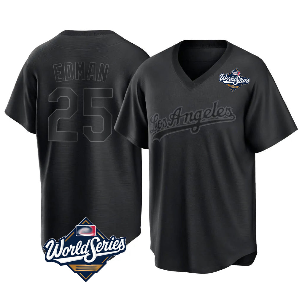 TRASK LA.Dodgers #25 Tommy Edman Player Black World Series Pitch Fashion T-shirt Stitched Jerseys