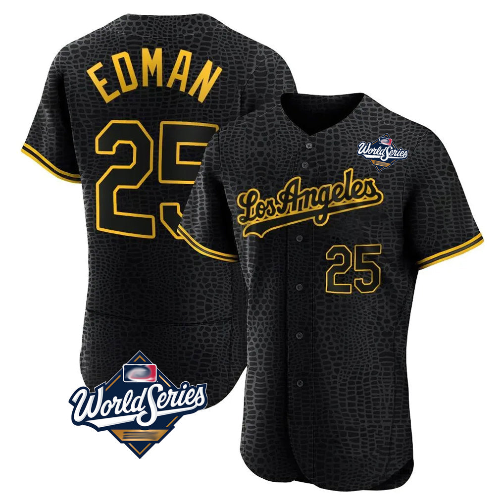 TRASK LA.Dodgers #25 Tommy Edman Player Black World Series Snake Skin City Limited Elite Home Stitched Jerseys