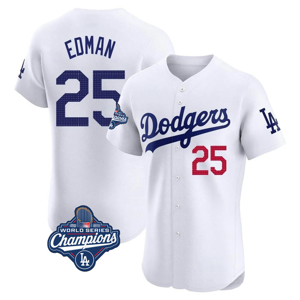TRASK LA.Dodgers #25 Tommy Edman Player Gold White World Series Meet Limited Elite Home Stitched Jerseys