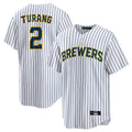 TRASK M.Brewers #2 Brice Turang Player White Stripes Home Game Stitched Jerseys