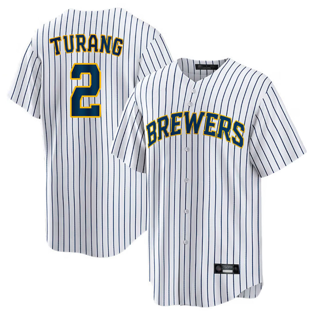 TRASK M.Brewers #2 Brice Turang Player White Stripes Home Game Stitched Jerseys