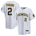 TRASK M.Brewers #2 Brice Turang Player White Stripes Home Limited Game Stitched Jerseys