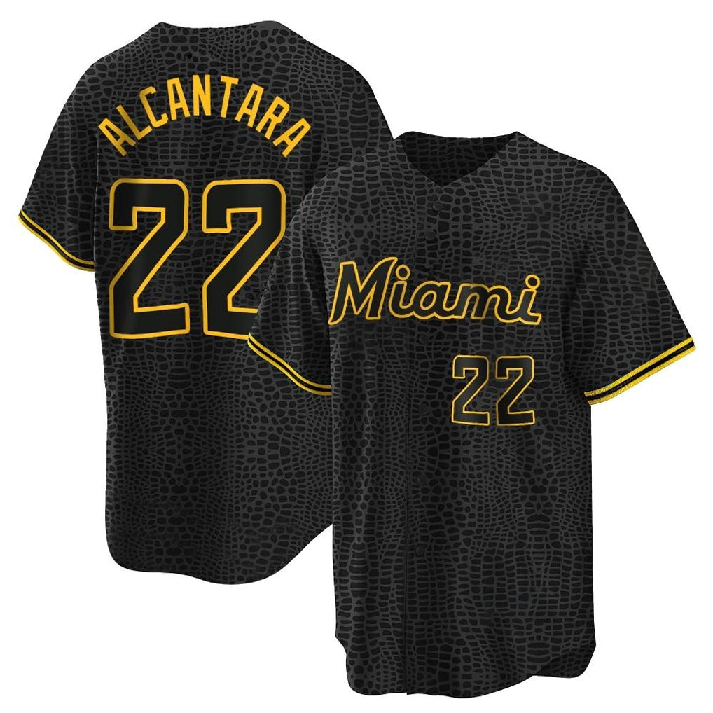 TRASK M.Marlins #22 Sandy Alcantara Player Black Snake Skin City Home Game Stitched Jerseys