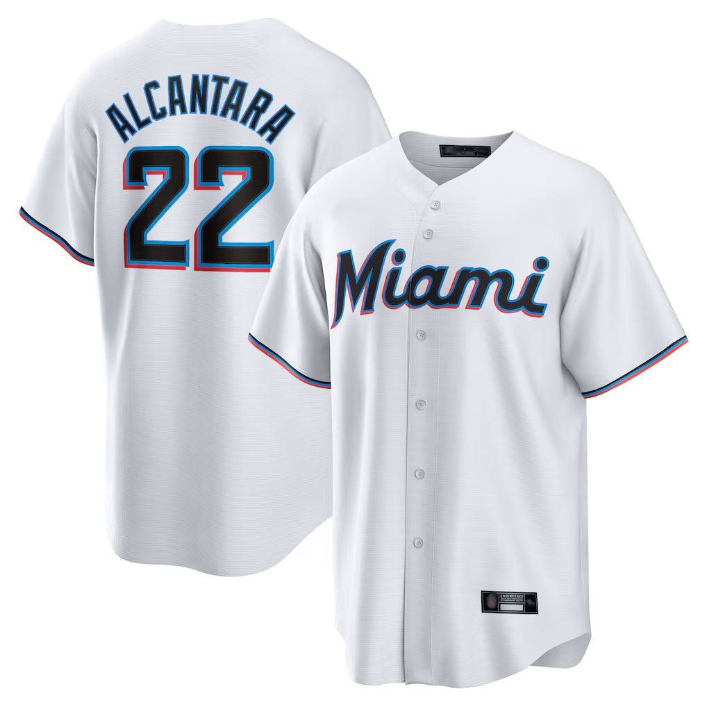 TRASK M.Marlins #22 Sandy Alcantara Player White Home Game Stitched Jerseys
