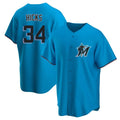 TRASK M.Marlins #34 Liam Hicks Player Blue Home Game Stitched Jerseys