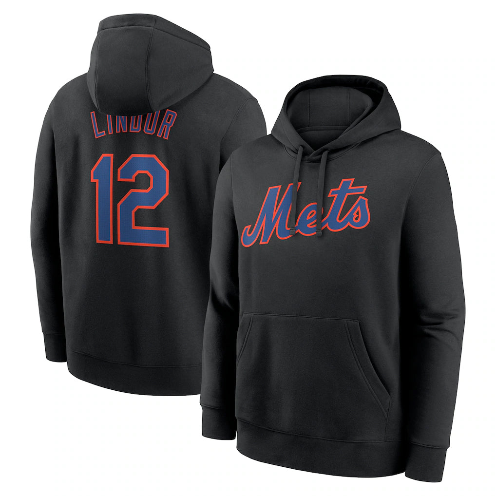TRASK NY.Mets #12 Francisco Lindor Player Black Club Pullover Hoodie Game Stitched Jerseys