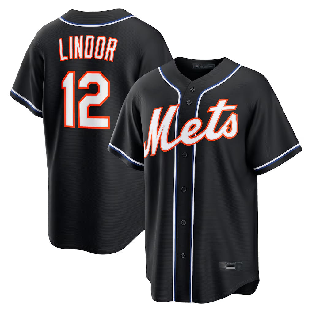TRASK NY.Mets #12 Francisco Lindor Player Black Fashion Out Game Stitched Jerseys