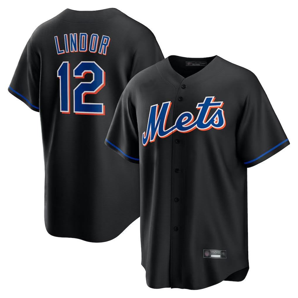 TRASK NY.Mets #12 Francisco Lindor Player Black Replica Home Game Stitched Jerseys